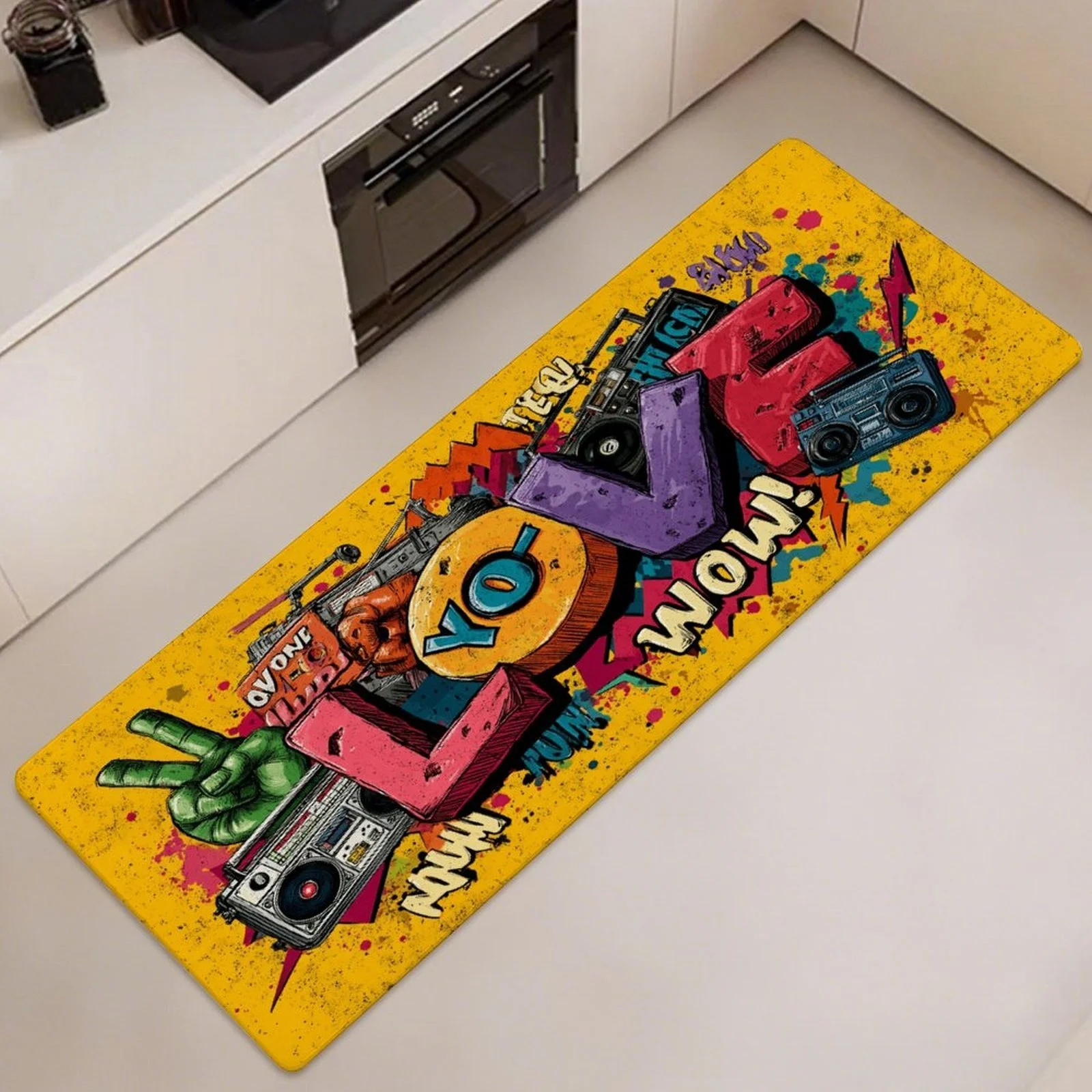 Retro Hip Hop Graffiti Letter Boombox Splash Ink Long Runner Rug, Non-Slip Rug for Kitchen, Entryway, Bathroom & Living Room