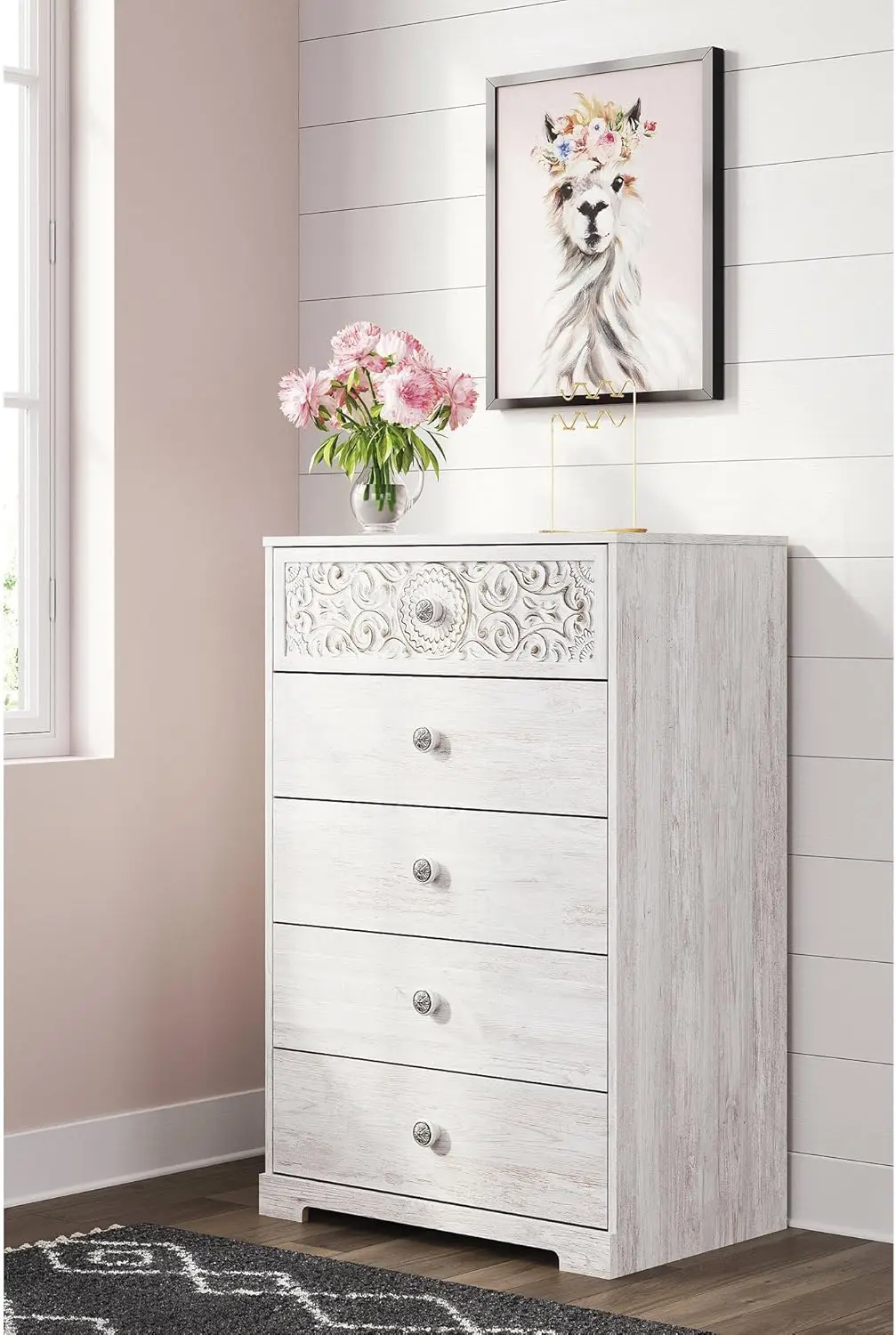 Paxberry Boho 5 Drawer Chest of Drawers, Whitewash Nightstands Dressers 29.88