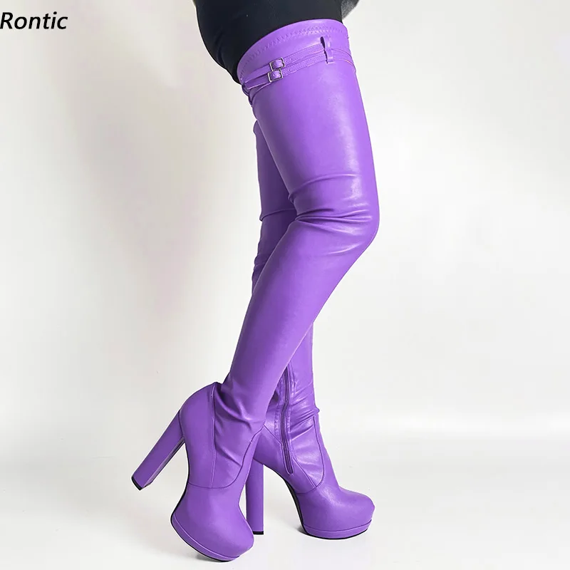 Rontic Italian Style Women Spring Crotch Boots Platform Buckle Strap Stiletto Heels Round Toe Violet Party Shoes US Size 5-20