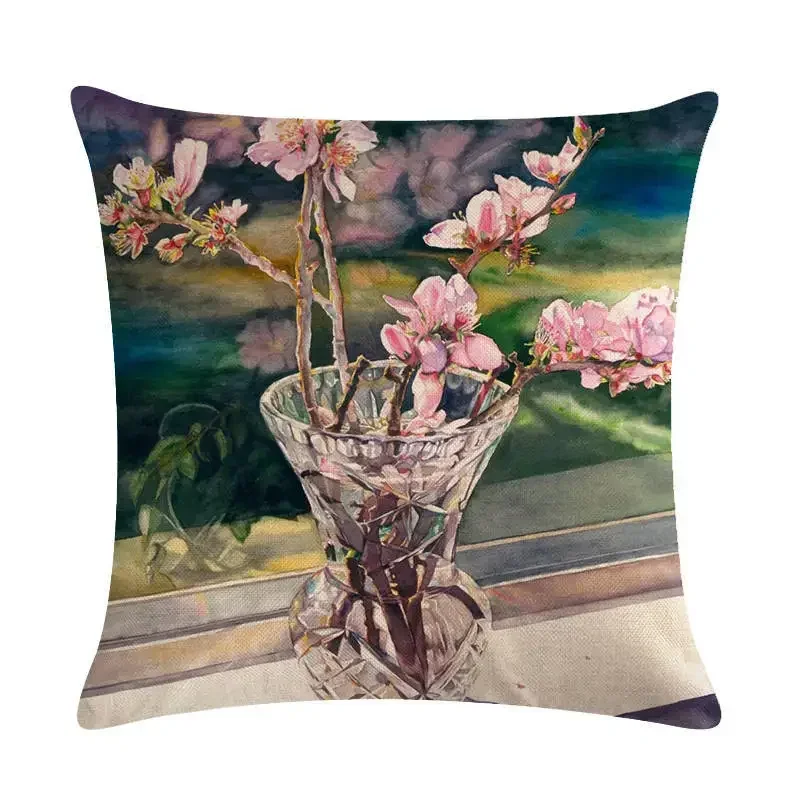 Simple Style Bouquet Cushion Cover Art Flowers Flax Pillow 45*45cm Sofa Bedroom Car Furniture Decorative Pillow Cover