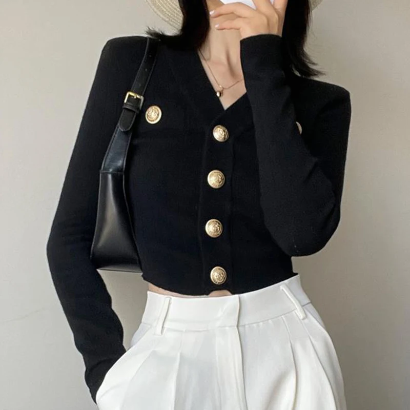 

Вязаный кардиган с золотыми пуговицами спереди, женский укороченный свитер с длинными рукавами, куртка, облегающий топ для девочек-подростков, осенне-зимний винтажный наряд 90-х годов