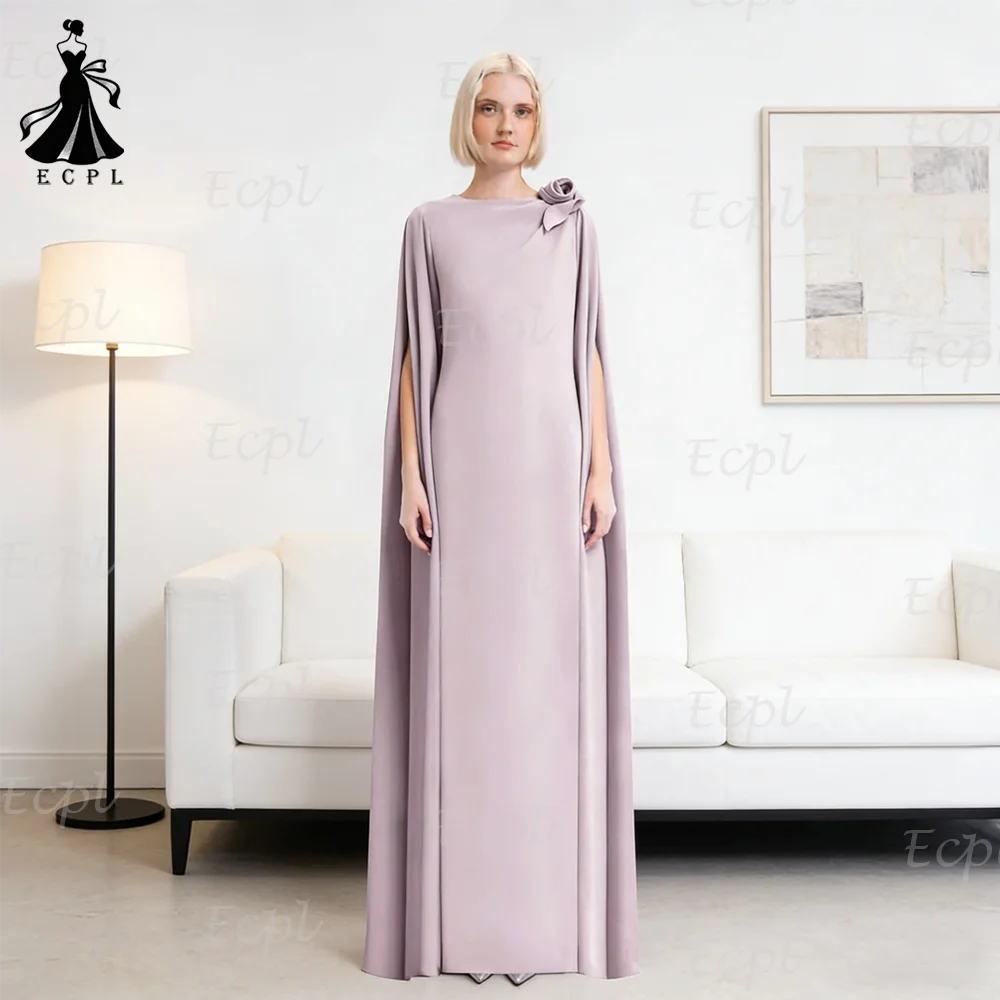 

Ecpl 2026 New Lavender Satin Evening Dress Cape Sleeve O-Neck Backless Prom Gown With Flower For Formal Occasion robes de soirée
