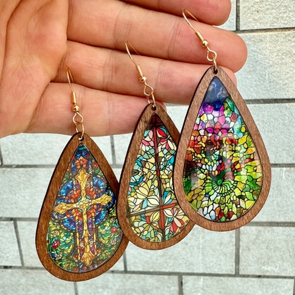 Kaleidoscope Pattern Mosaic Stained Earrings Dangle Earring Vintage Colorful Statement Earrings Church Printed Wood