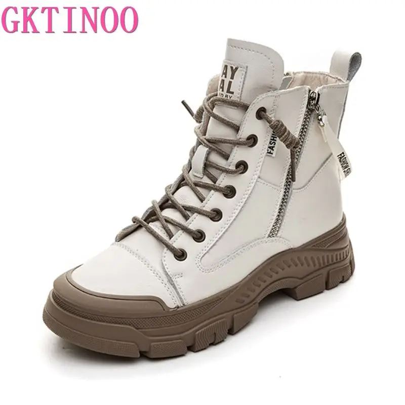 Gktinoo 2024 outono inverno sapatos de couro genuíno tênis moda botas para mulheres sola grossa botas de tornozelo senhoras botas