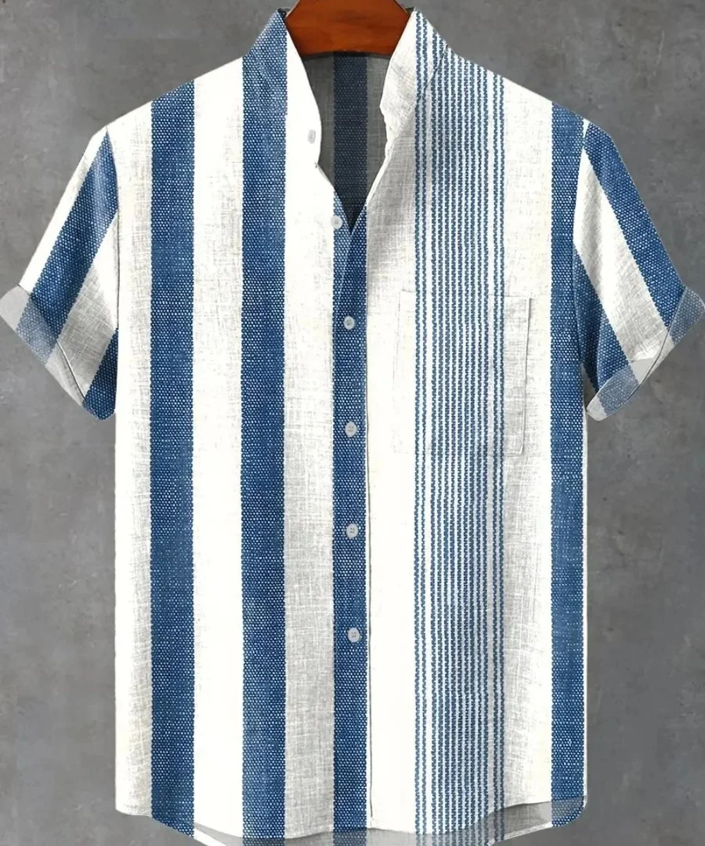 

New men's stand-up striped short-sleeved shirt. This casual short-sleeved shirt features a comfortable fabric. Fast shipping.