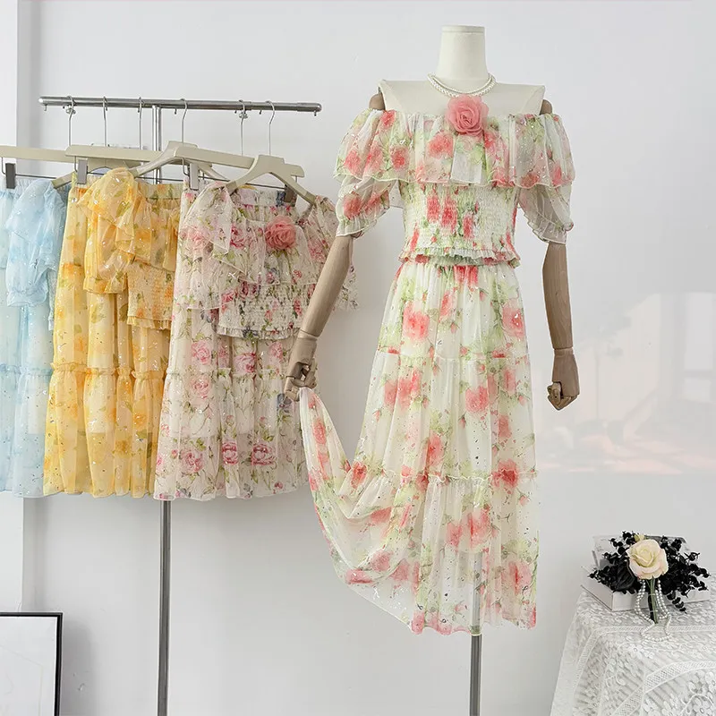 

Lotus leaf edge off shoulder cinched waist floral shirt+elastic waist shining cake skirt women elegant summer fashion set