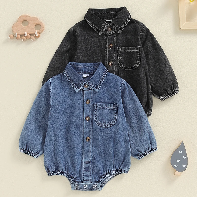 

Baby Boy Denim Romper Long Sleeve Lapel Collar Solid Color Bodysuit Newborn Spring Fall Playsuit