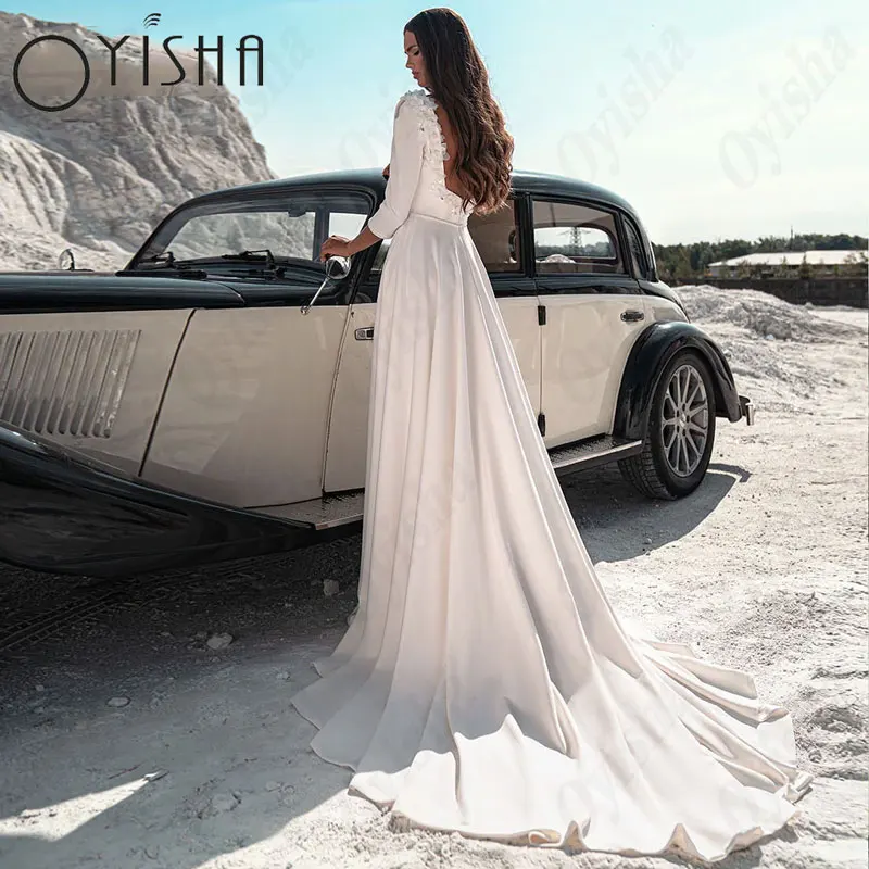 OYISHA-vestidos De novia musulmanes De manga larga con cuello redondo para mujer, exquisitos vestidos De novia con apliques De satén De línea A, vestido De novia clásicoOyisha o collar vestido de novia musulmán de mang