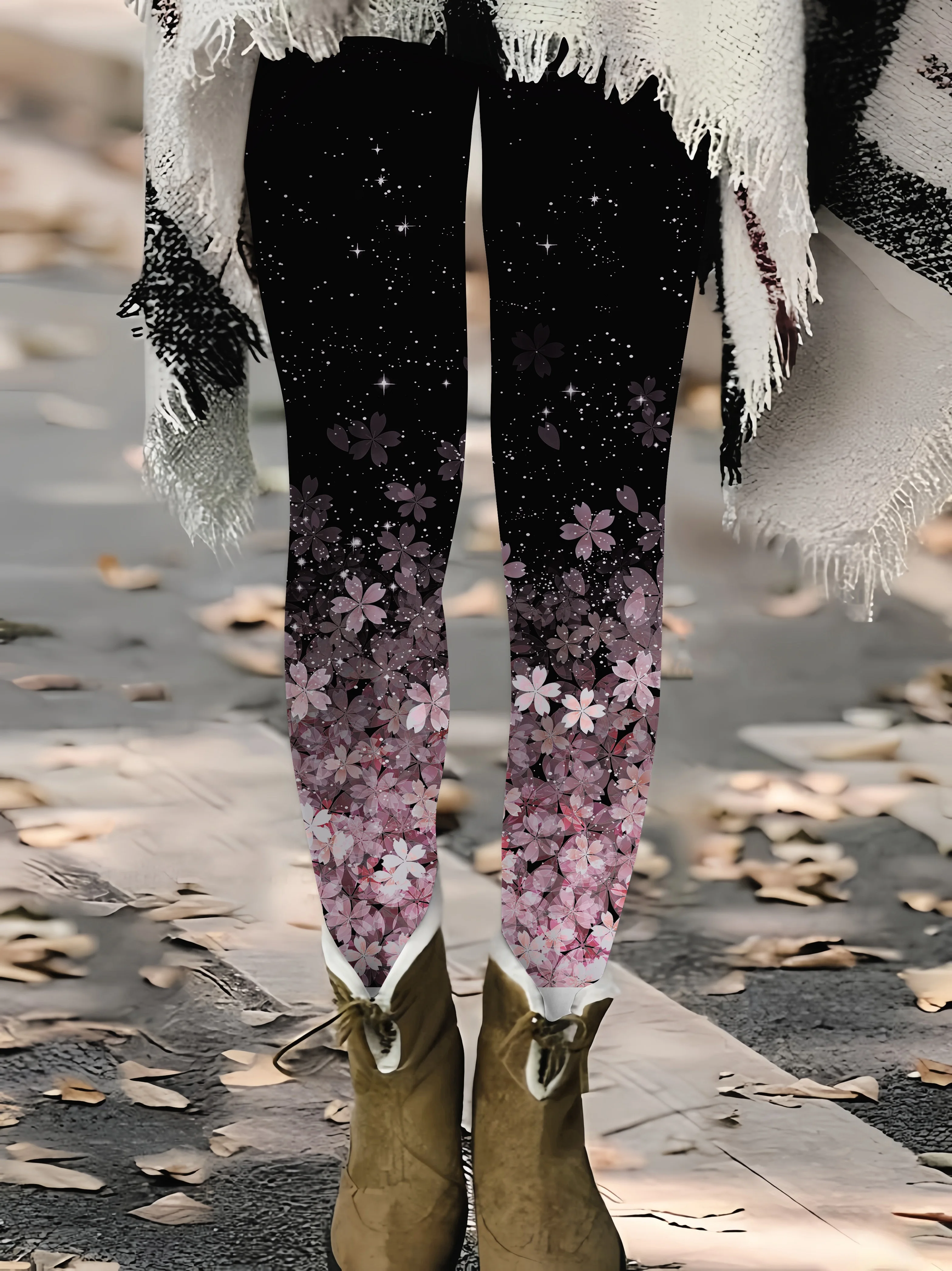 Women's Black Cherry Blossom Starry Print Leggings Celestial Stretchy Slimming Casual Pants
