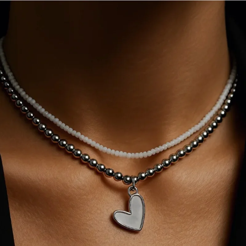 

2Pcs/Set Y2K Heart Beaded Chain Pendant Necklace Party Jewelry for Women Glass Multilayer Charm Necklace Girls Birthday Gifts