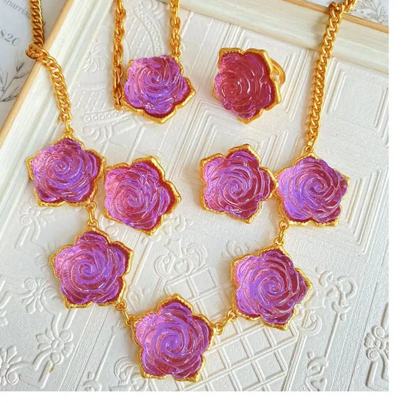 Bloomings Roses Elegant Vintage Jewelry Sets Traditional Technique Glass Made Earrings And Timeless Necklaces For Women