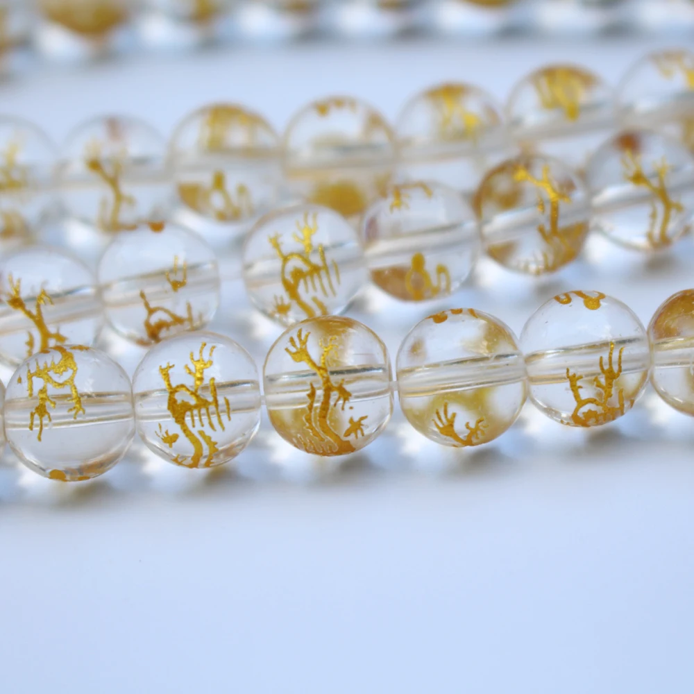 10Pcs 8mm 10mm 12mm Glass Beads Clear Color with Carving Gold Dragon  Fashion Bead For Jewelry Wholesale and Retail DIY Supplies