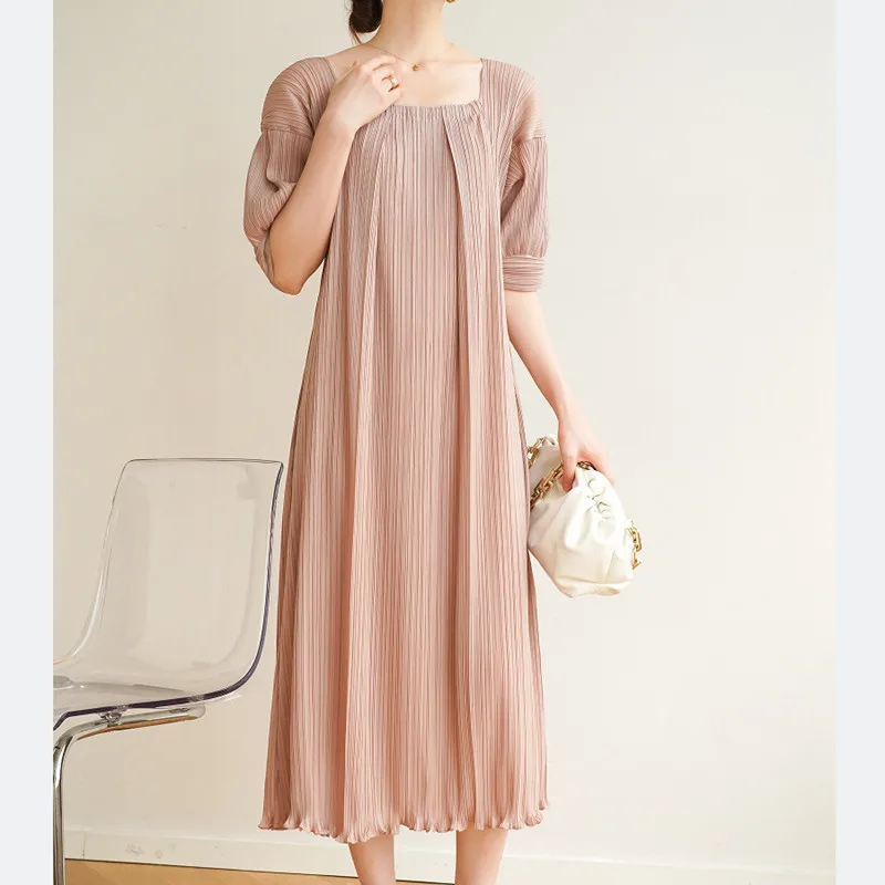 

Women Dress 2024 Summer New Solid Color Loose Stretch Miyake Pleated Elegant Casual Dresses MID Calf length