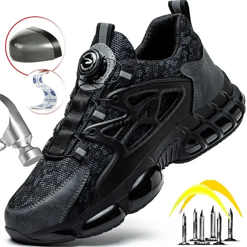 New Rotary Button Safety Shoes Men's Steel Toe Sneakers Air Cushion Work Shoes Men's Anti-Puncture Work Safety Boots Protection