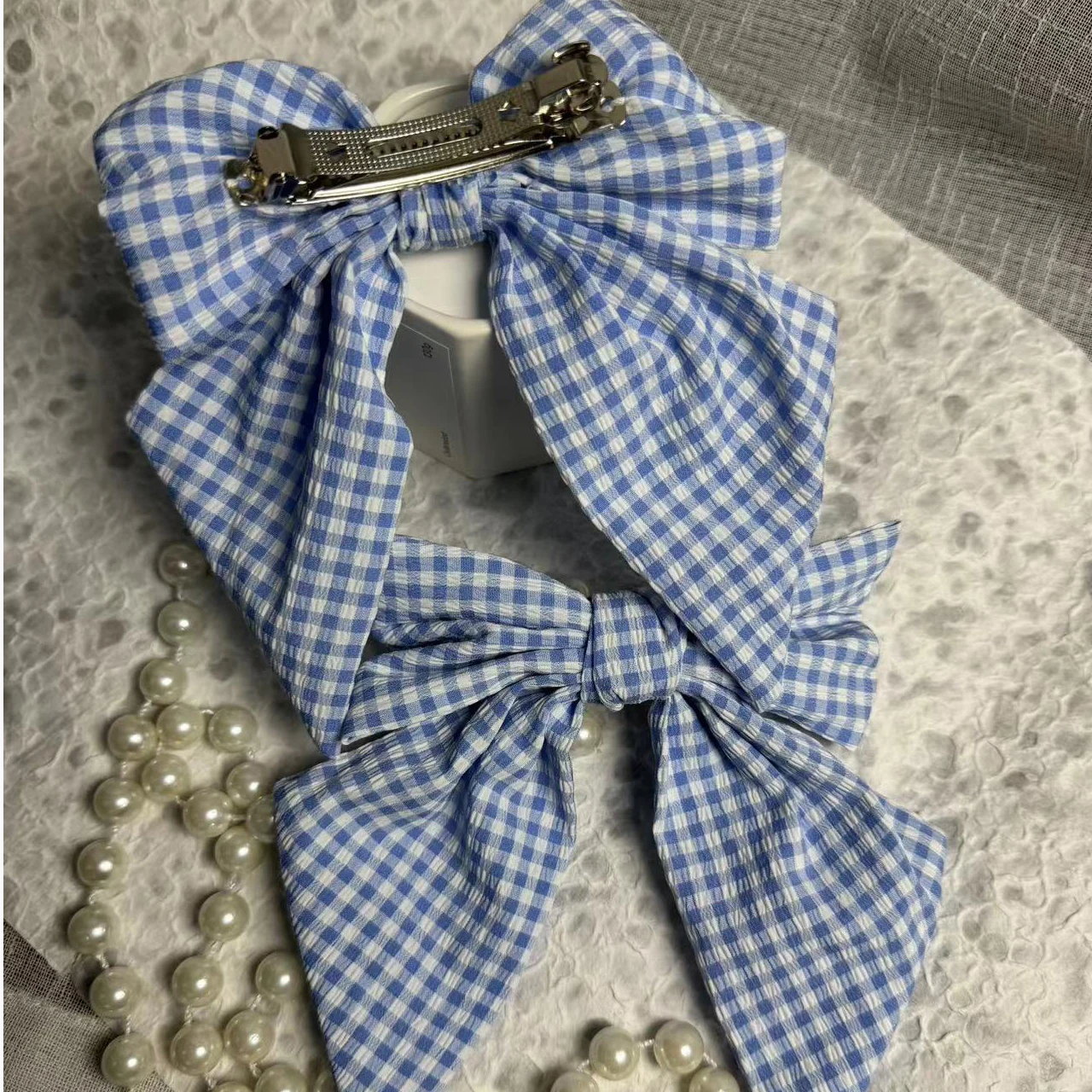 Blue Color Plaid Cute Satin Cloth Ribbon Hair Bows Barrettes French Coquette Bow Hair Clips for Women Girls