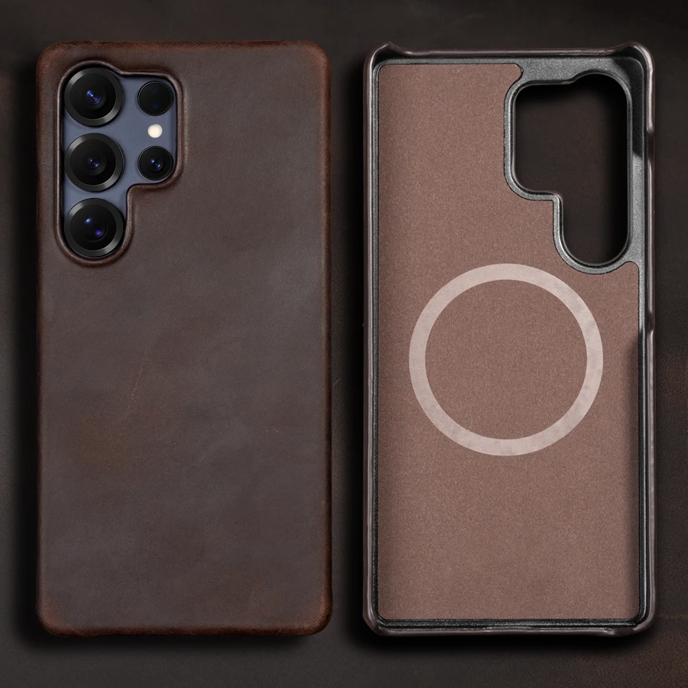 

for Magsafe Case for Samsung Galaxy S24 S25 Ultra Plus S25Ultra Retro Luxury Genuine PULL-UP Leather Magnetic Phone Back Cover