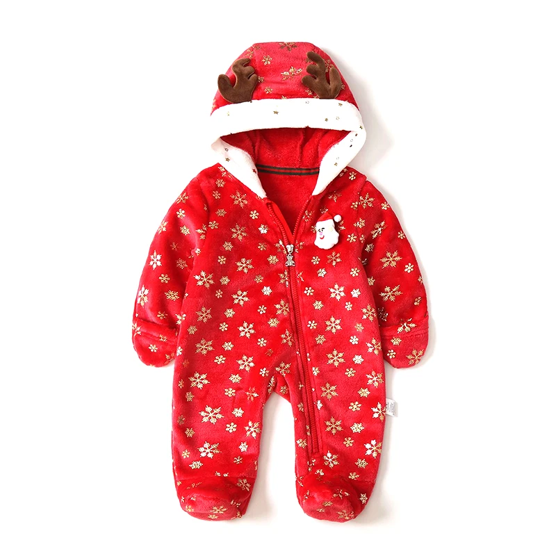 Baby Christmas Romper for Boys Girls Velvet Fleece Newborn Jumpsuit Cartoon Elk Snowflakes Santa Claus Infants One-Pieces Onesie