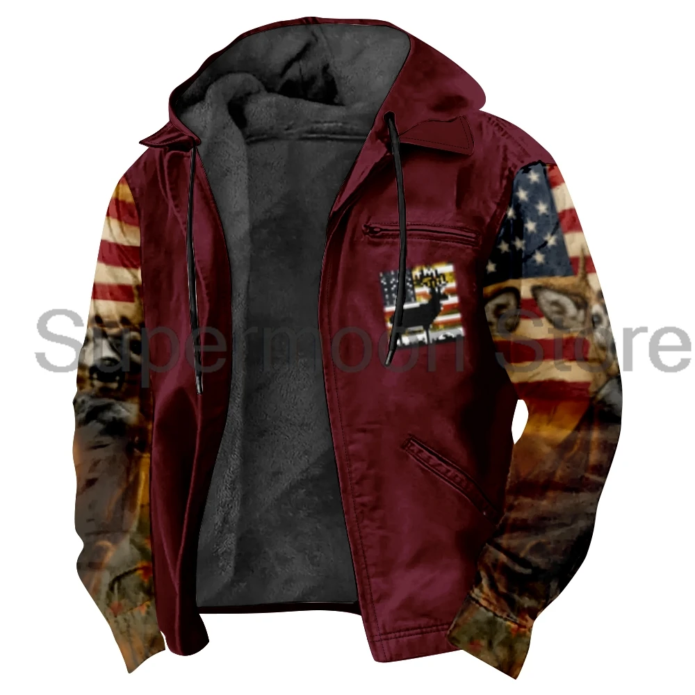 Men's Hunting Jacket Coat American Flag Deer Zipper Hoodie Long Sleeve Streetwear Women Jacket Parkas Winter Outerwear