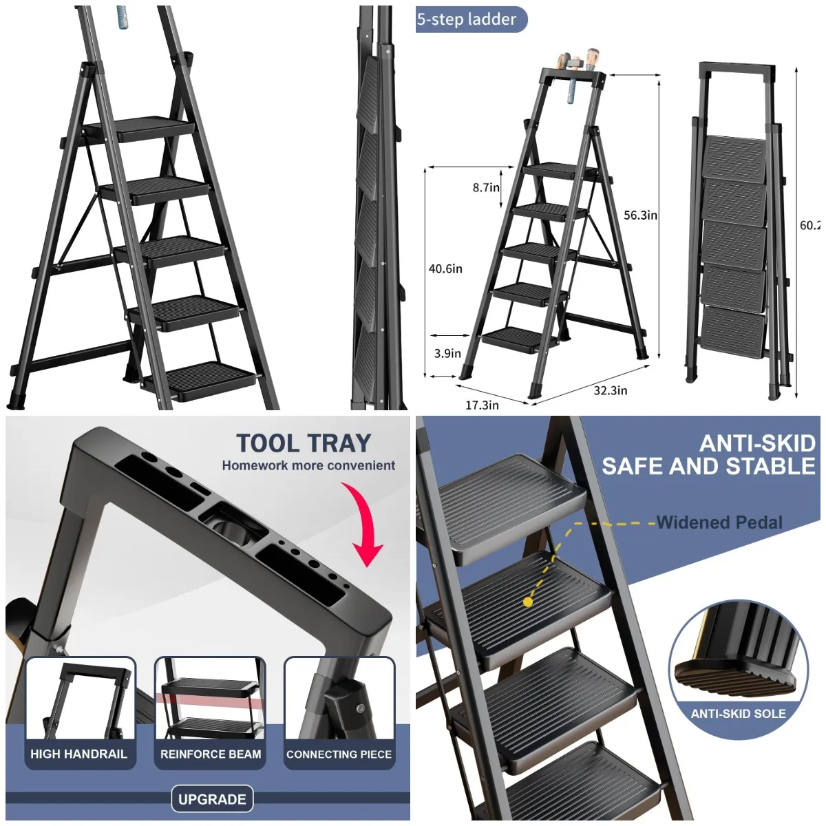 

5-Step Folding Ladder with Tool Tray, 330lb Capacity, Anti-Slip Pedals, Handrail, Safe-Lock – Carbon Steel for Painting & Outdoo