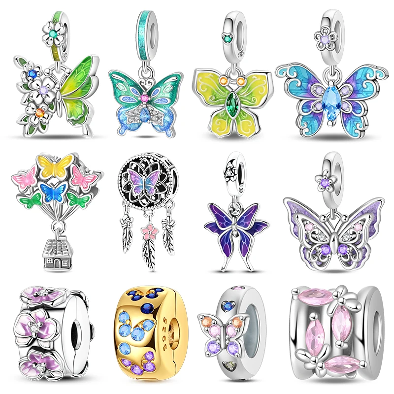 925 Sterling Silver Colorful Butterfly Charms Beads Fit Original Bracelets Bag Keychain Earring Pendant Diy Women Jewelry Gift