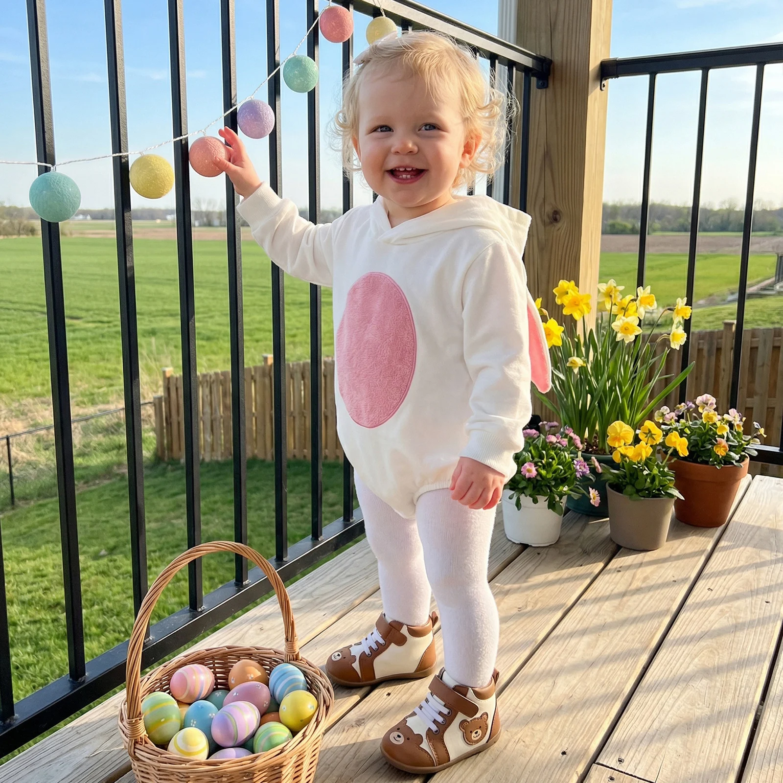 Baby Easter Hooded Rompers Comfortable Contrast Color Long Sleeve Bunny Ear Jumpsuit for Holiday Daily Wear