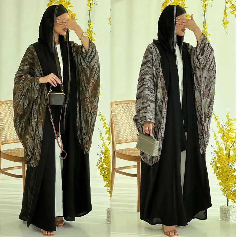 

Wholesale Modest Robe Dubai Abaya Muslim Women Dress Printed Open Abaya Ramadan EID Women Islamic Clothing With Scarf