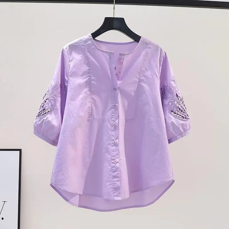 Light Purple Hollow Embroidered Mid Sleeved Pure Cotton Shirt for Women\'s Summer Round Neck Loose Slimming Casual Versatile Top