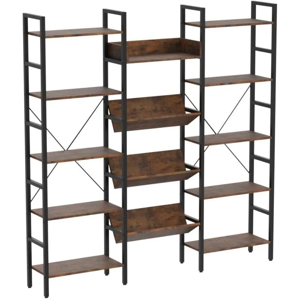 Large Bookshelf Open Record Player Shelves With Metal Frame for Living Room Home Office Book Shelf Bookcase Storage Furniture