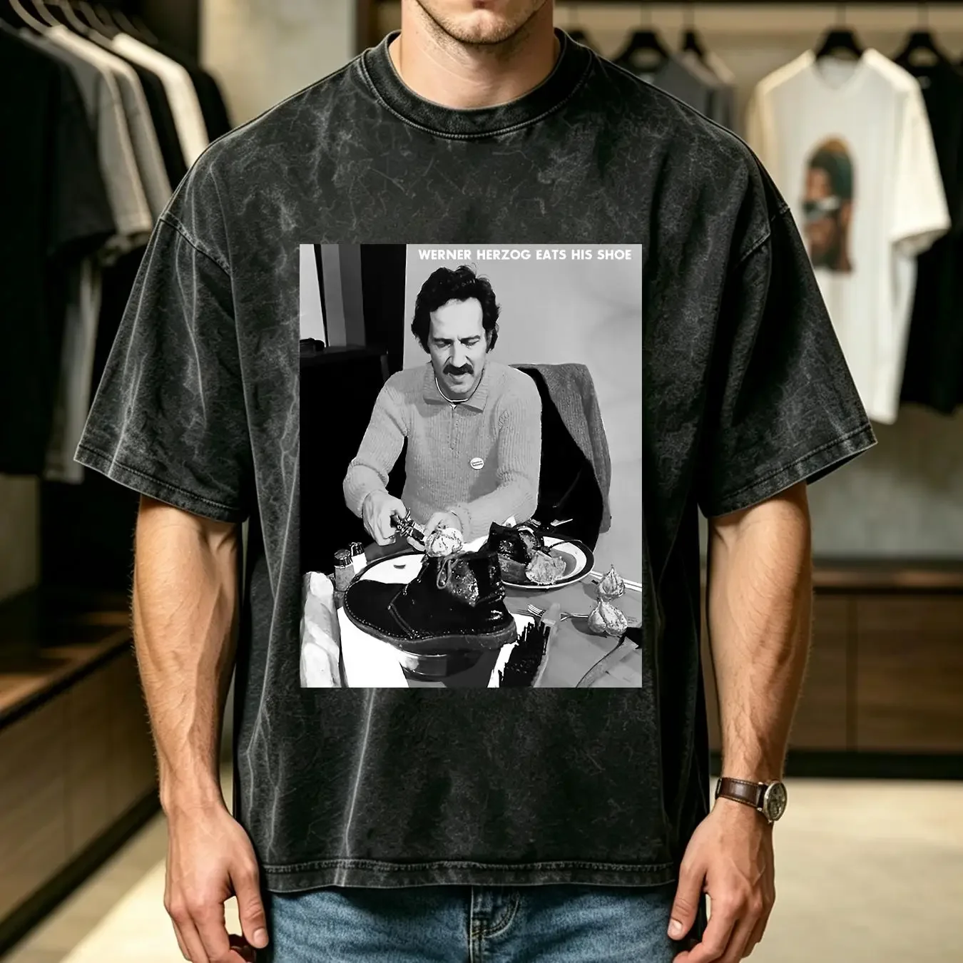 washed T Shirt Werner Herzog Eats His Shoe film movie vintage Washed Slightly graphic Unisex Casual fashion Comfortable