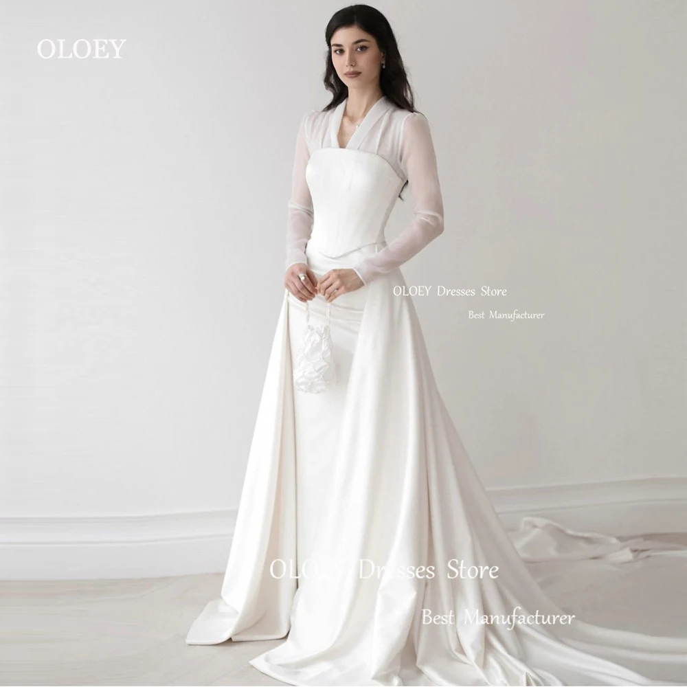 OLOEY Modest A Line Wedding Dresses With Detachable Corset Long Sleeves V Neck Arabic Women Bridal Gowns Women Vestido de noiva