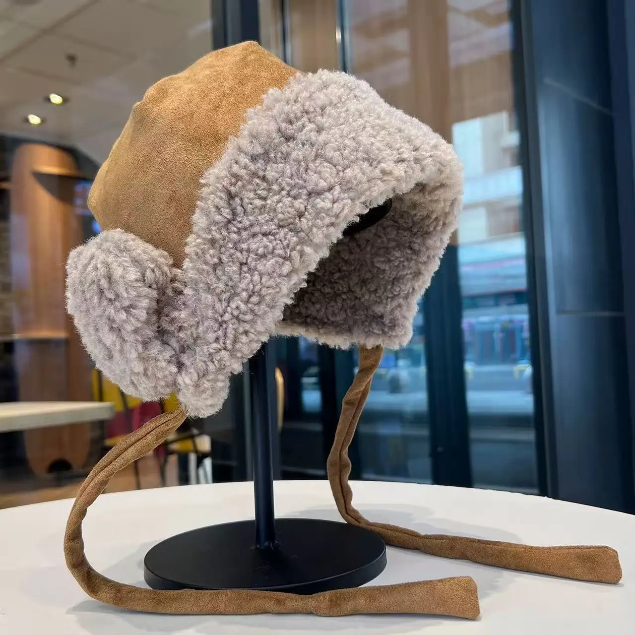 Winter Simple Lamb Fur Ear Protector Hat for Women Versatile Tied Thick Warm Pilot Cap Trendy Outdoo Skiing Cycling Hat