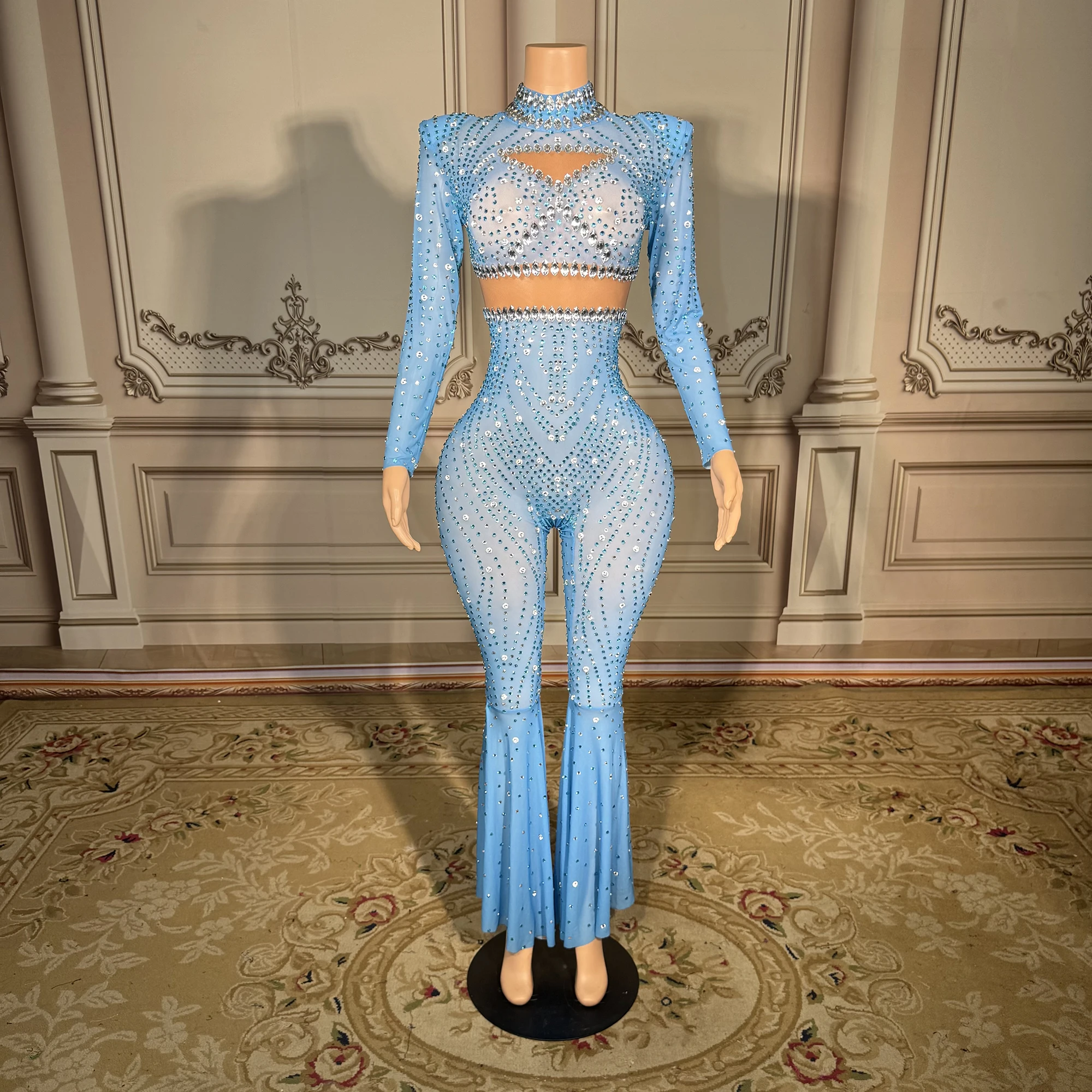 Romper seksi lengan panjang transparan berpayet kristal, bodysuit one piece, leotard penari eksotis wanita pesta, jumpsuit berhiaskan rhinestones.