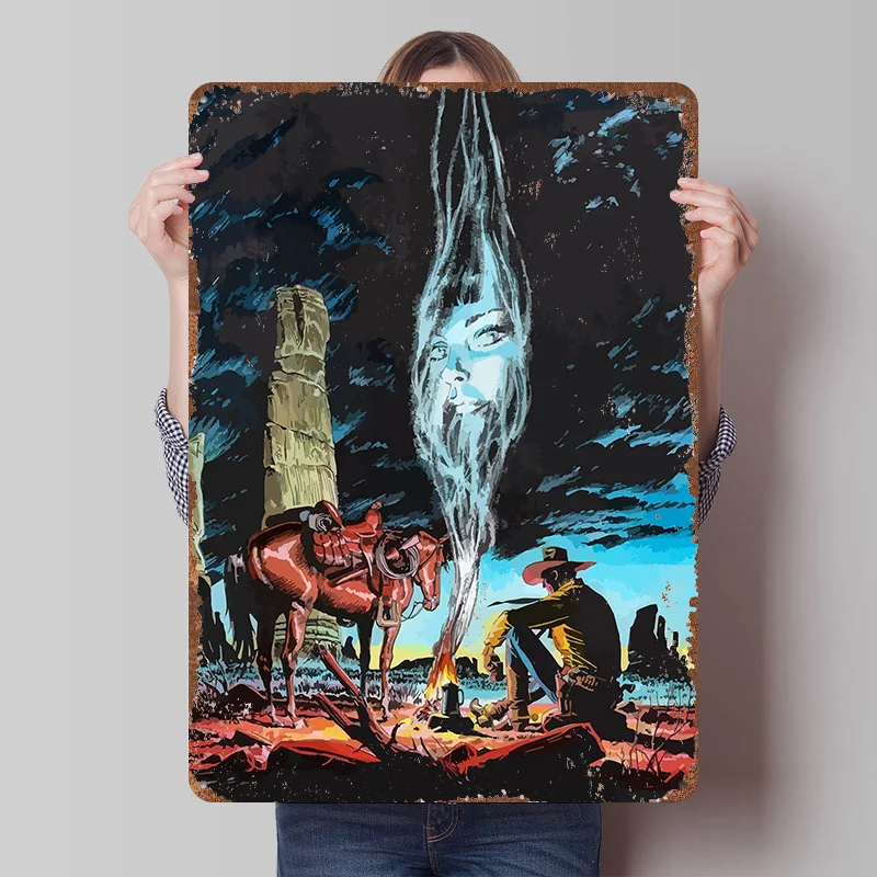 Cowboy and Ghostly Vision in Desert Tinplate Poster Custom Wall Art Vintage Metal Signs Retro Tin Plaque for Decoration Gaming