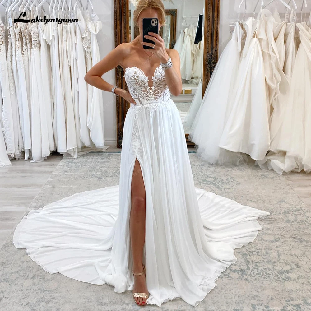 Lakshmigown renda chiffon uma linha boho vestido de casamento querida sem costas apliques varredura vestido de noiva abito da spos personalizado