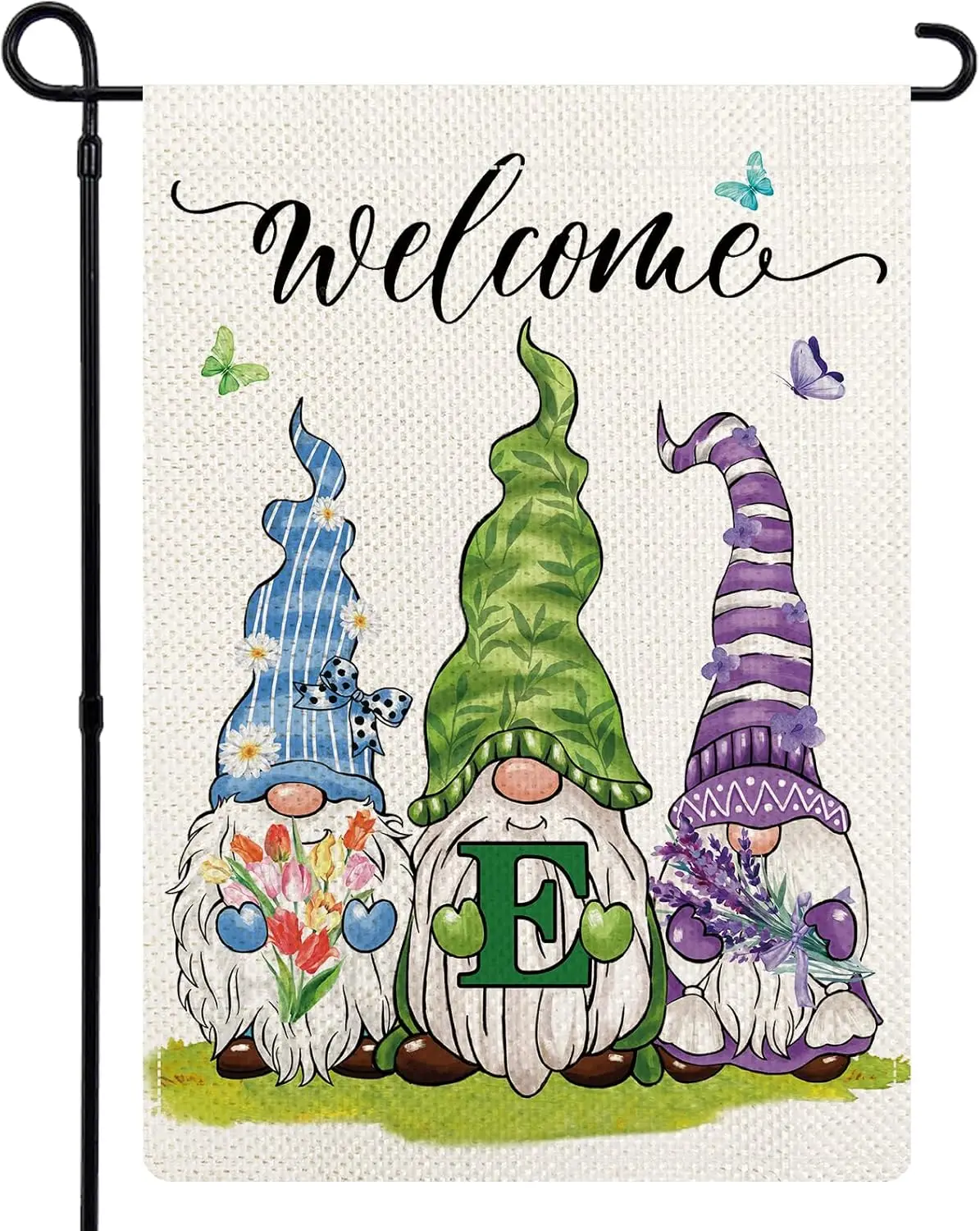 Spring Gnomes Flower Monogram Letter E Garden Flag, Hello Spring Gnome Floral Initial Letter Flag, Family Last Name Initial Spri