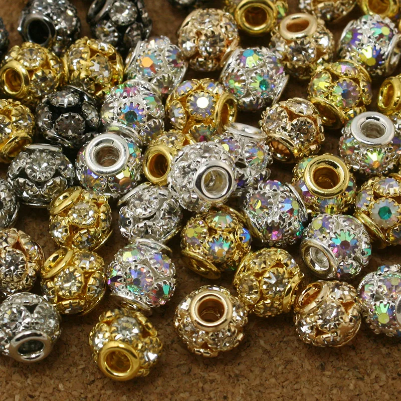 8*9mm 4pcs/lot Round Pave Disco Ball Rose Gold Rhinestone Pearl Rhinestone Crystal Spacer Beads for DIY Jewelry Making Findings