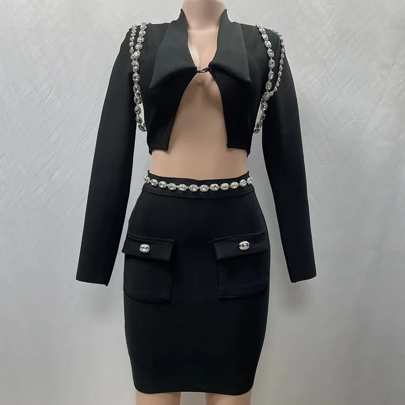 Spring 2023 Bandage Women\'s New Two-Piece Lapel Nail Rhinestone Long Sleeve Small Suit Jacket   High Waist Skirt