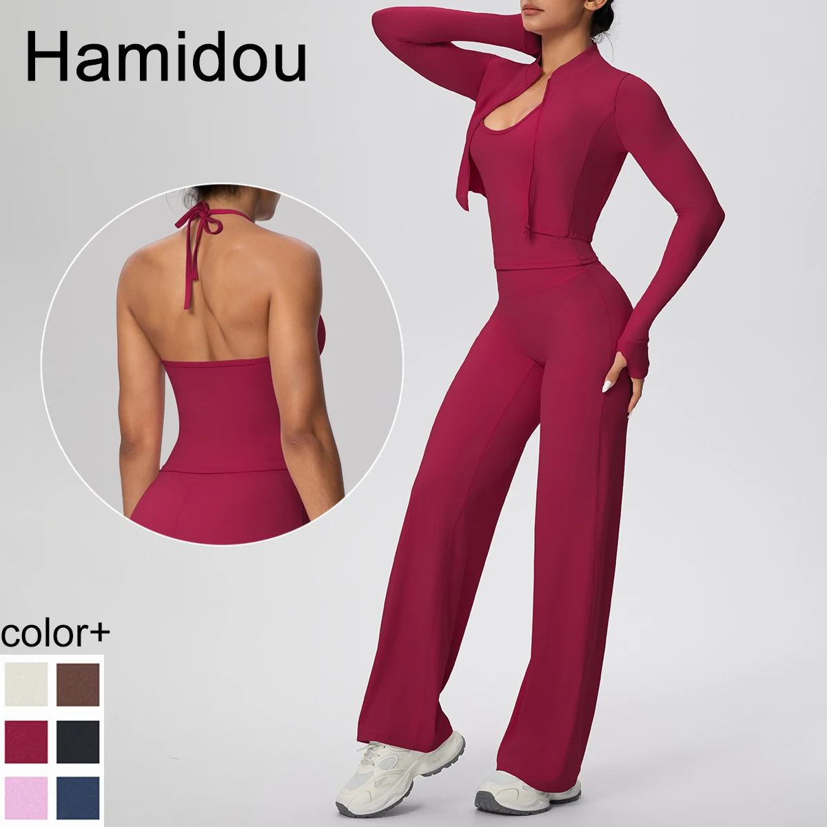 طقم يوجا رياضي للياقة البدنية سريع الجفاف للنساء، حمالة صدر بحزام عاري اللون مع وسادة صدر وسحاب وأكمام طويلة #1