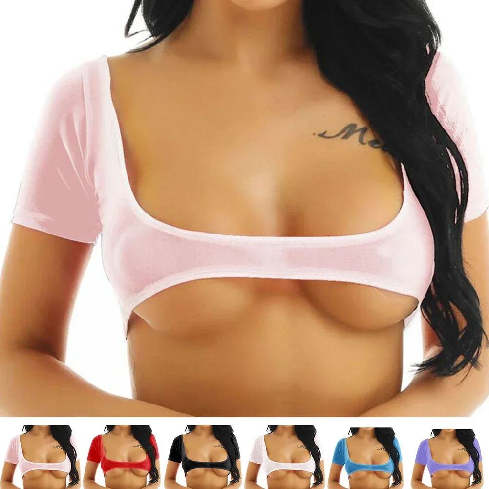 Womens Sexy T-shirts Soft See Through Crop Top Open Bust Short Sleeves T-Shirt Causal Y2k Clothes Elastic Tops Woman Clothing