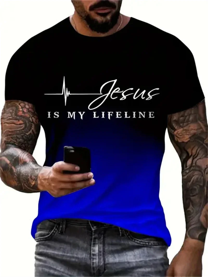 Fashion Men's Jesus Is My Lifeline Print T Shirt Christian Religious Faith Gradient T-shirt Summer Casual Short Sleeve Tops