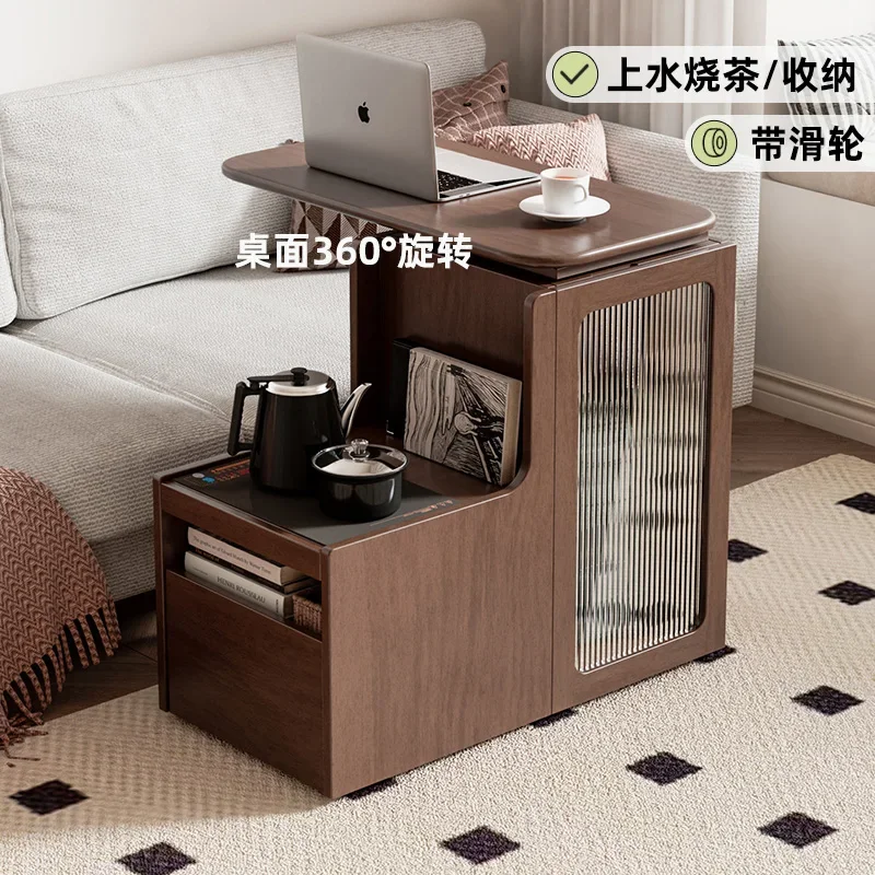 Solid wood coffee table, living room household tea cabinet and kettle integrated, movable small tea table tea table sofa edge