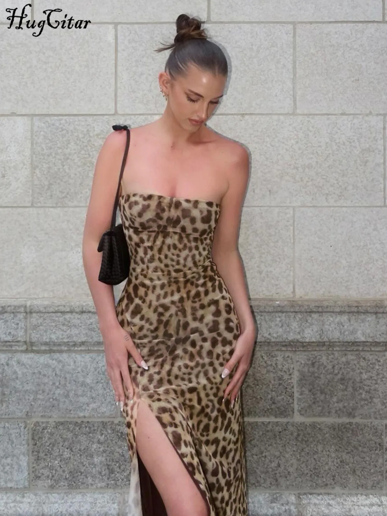 Hugcitar-vestido Midi ajustado con estampado de leopardo para mujer, sin tirantes con abertura traje Sexy, traje Y2K para playa, vacaciones y Club, Verano