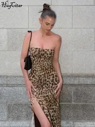 Hugcitar Women Fashion Leopard Print Strapless Slit Sexy Bodycon Midi Dress Summer Y2K Outfits  Beach Vacation Club Sundress