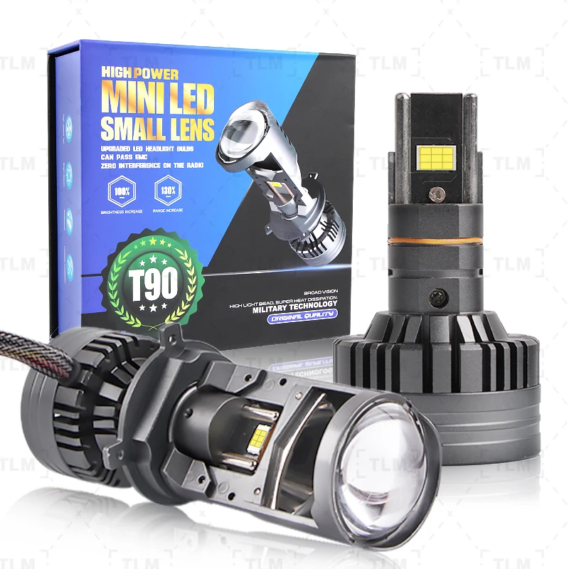 T90 H4 LED Headlights Bi LED Projector Mini Lens High Low Beam H4 LED White 6000K High-Power 12V H4 Car LED Bulb