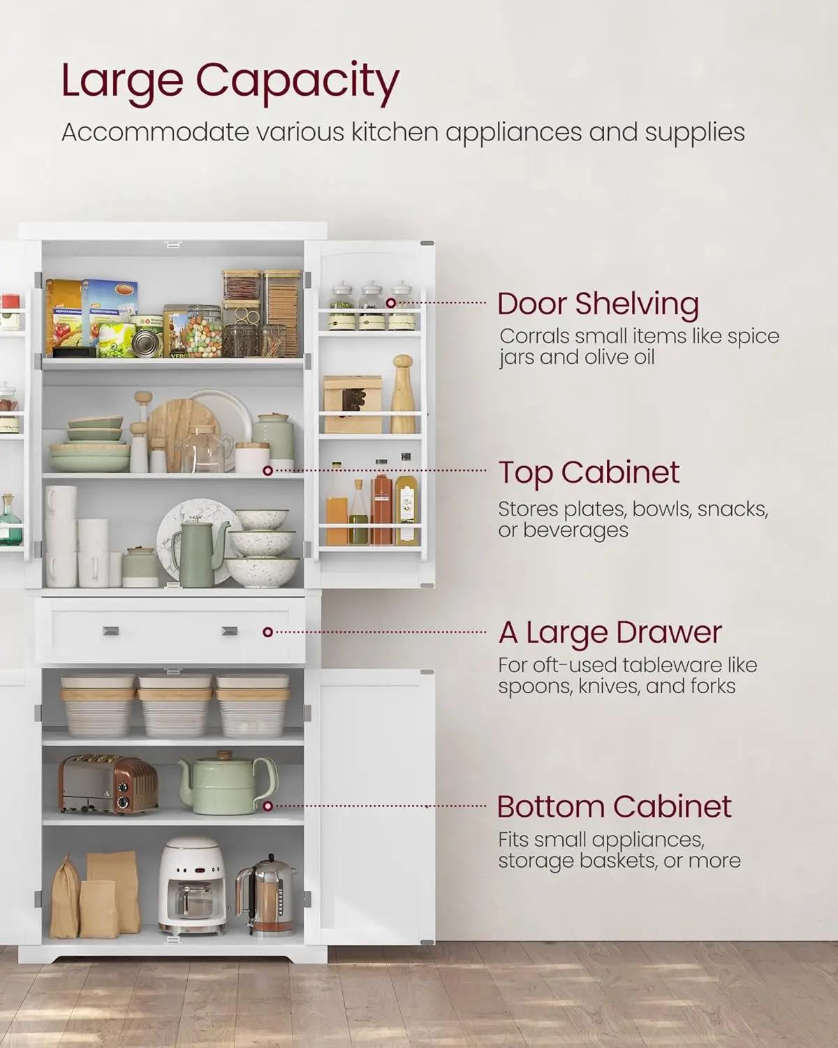 Armoire de rangement en panneaux de Chi, meuble de garde-manger haut et autoportant de 71.7 pouces avec MEL, 2 armoires