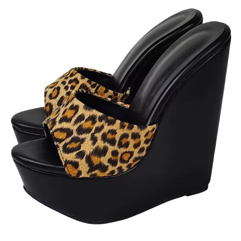 

SHOFOO Fashionable women's high-heeled slippers Leopard print leather sandals About 15-17cm heel height Wedges platform slippers