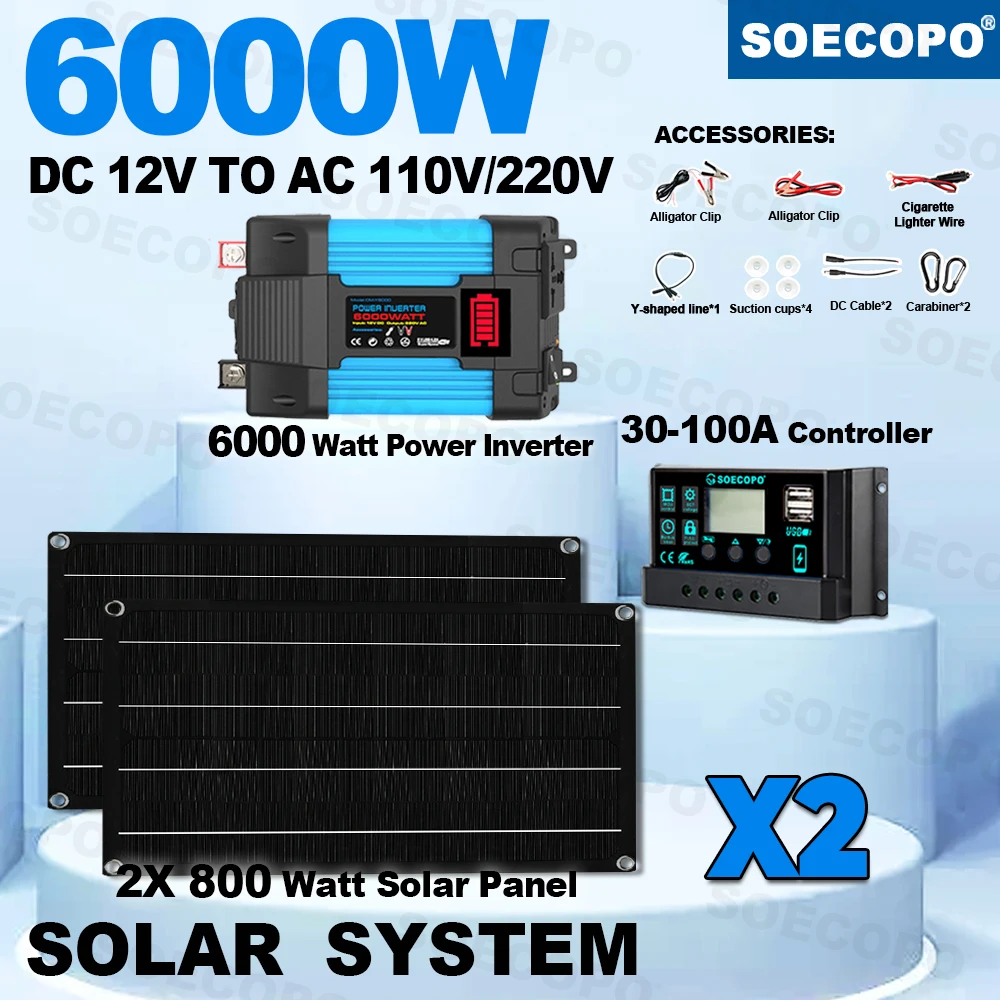 

SOECOPO 6000W Complete Solar System 2×800W Portable Camping Panels 100A Controller Home Car Inverter(DC 12V - AC 110V/220V)