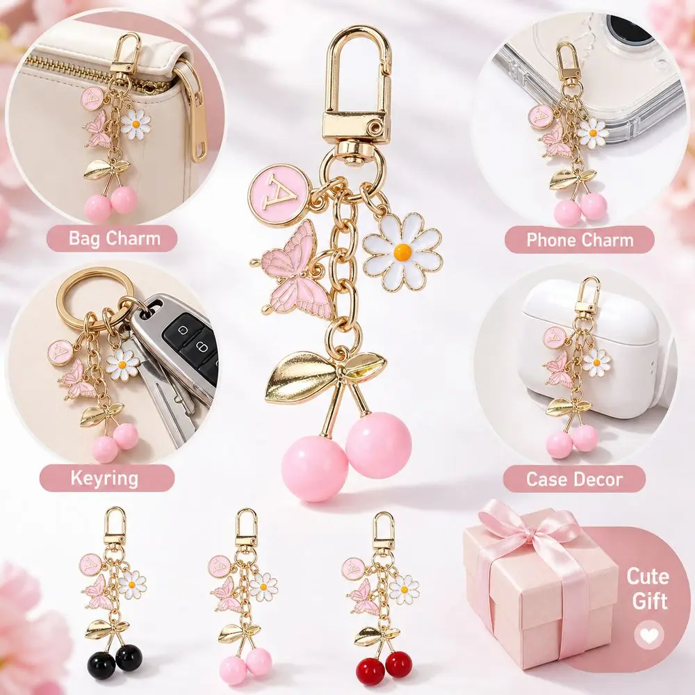 Mini Cherry Keychain Flower Enamel Coating Car Key Ring Butterfly Decor DIY Jewelry Bag Accessories Handbag Decor Accessories