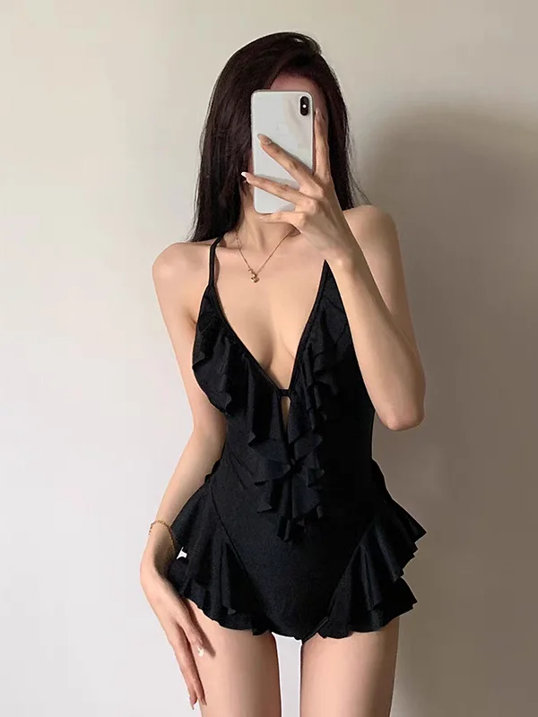 

Sexy Bla Deep V Bikini Swimsuit with Svel Casual Thermal Spa Swimwear Fixed Chest Pad No Sve Leisure Swi...