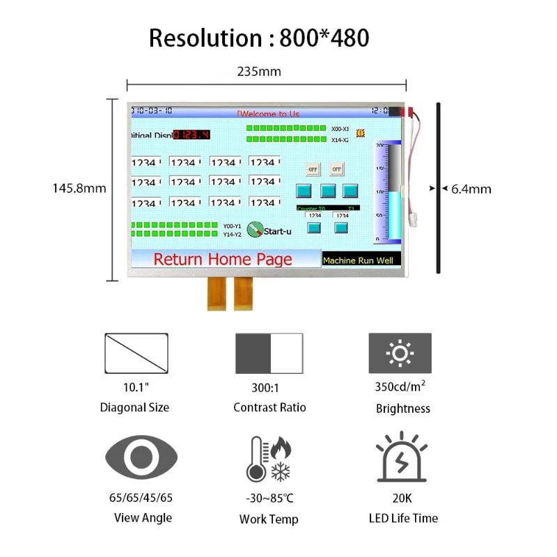 

Wide temperature 30~ 85 ℃ 10.2 inch WVGA LCD module AT102TN03 V.8 industrial PLC monitor